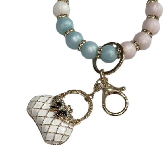 NWT Beaded Keychain Bracelet With Purse Charm & Gold Accents Pink White Blue - Picture 4 of 4